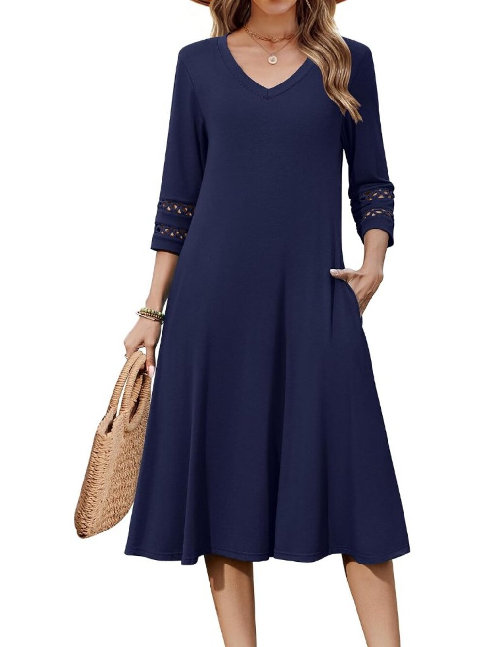 Women's Dresses 3/4 Sleeve Casual V-Neck A Line Eyelet Midi Dress